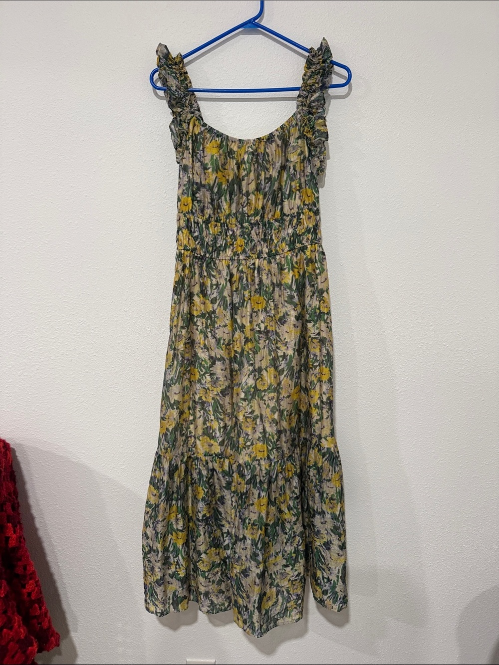MELLODAY Women’s Large Yellow Floral Smocked Maxi Dress with Green Foliage